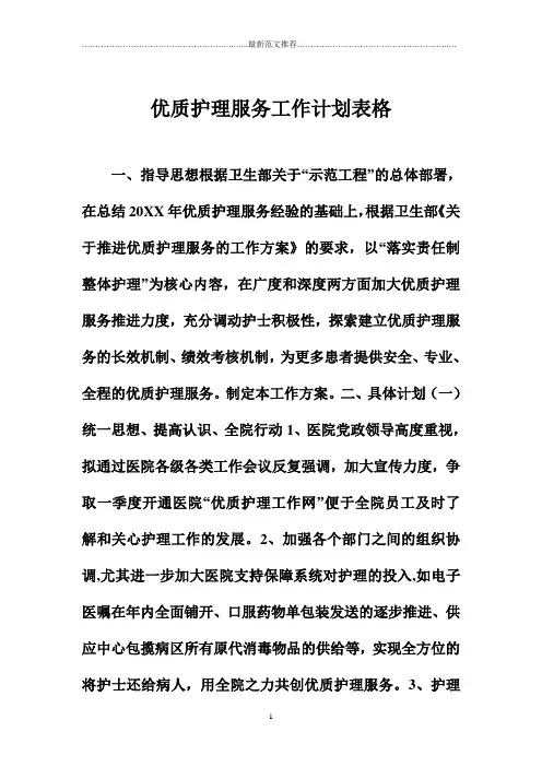优质护理服务精品工作计划表格