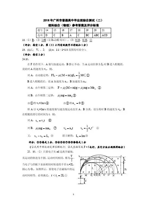 广东省广州市2016届高中毕业班综合测试(二)理综物理答案(pdf版)