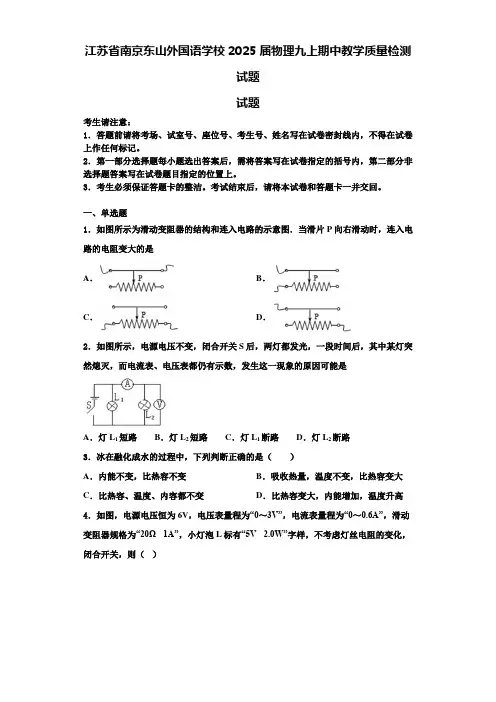 江苏省南京东山外国语学校2025届物理九上期中教学质量检测试题含解析