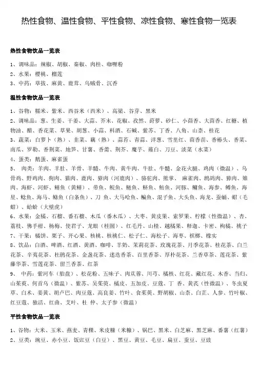 食物属性一览表