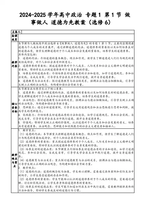 2024-2025学年高中政治专题1第1节做事做人道德为先教案(选修6)