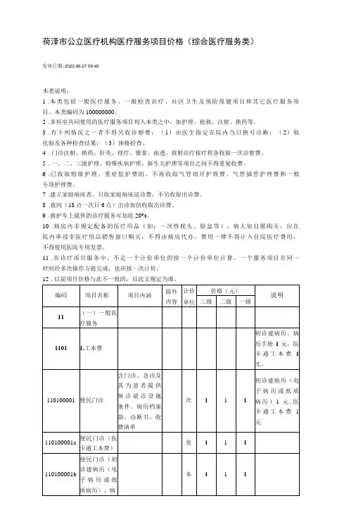 菏泽市公立医疗机构医疗服务项目价格综合医疗服务类