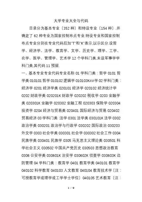 大学专业大全及代码