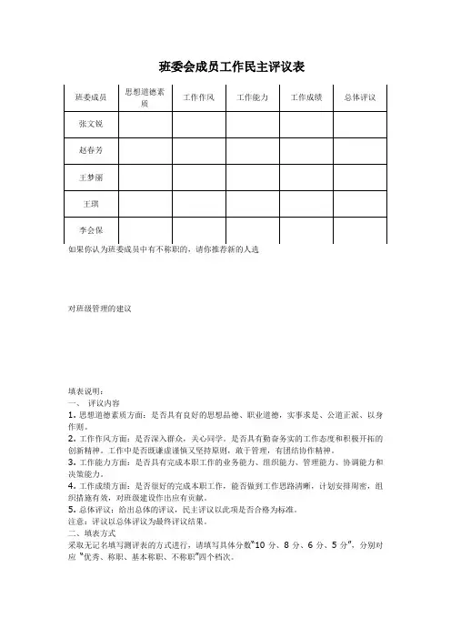 班委会成员工作民主评议表2