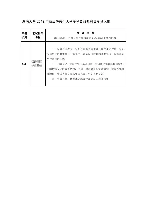 湖南大学2018年硕士研究生入学考试自命题科目考试大纲