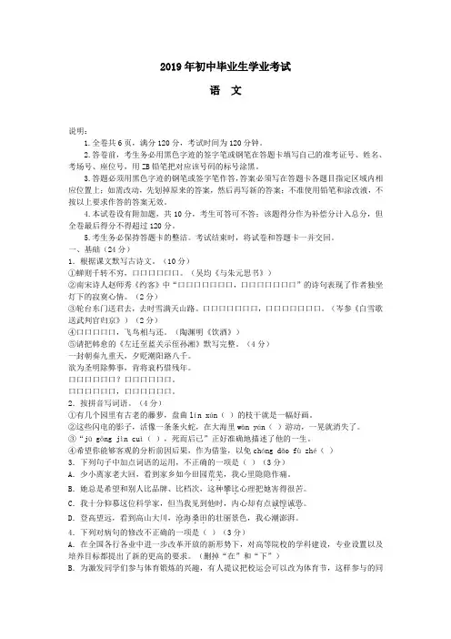 2019年初中毕业生学业水平考试试卷语文(含答案) (21)