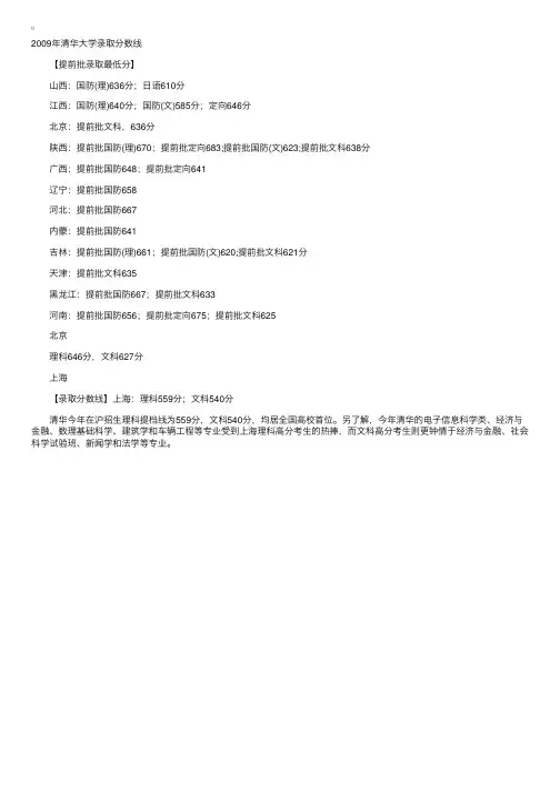 清华大学2009年各地高考录取分数线公布