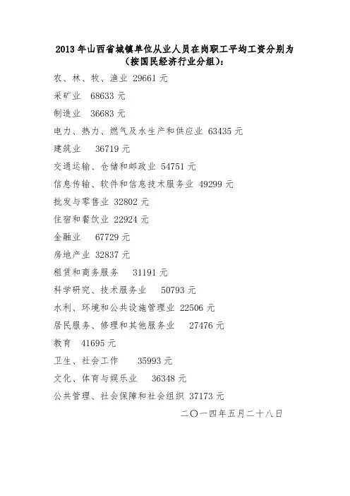 2013年山西省城镇单位从业人员在岗职工平均工资