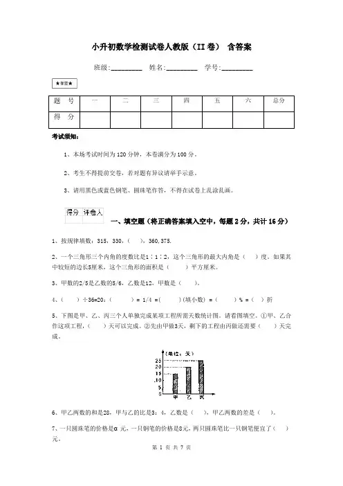 小升初数学检测试卷人教版(II卷) 含答案