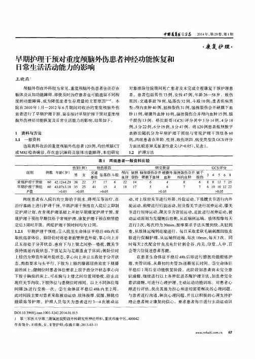 早期护理干预对重度颅脑外伤患者神经功能恢复和日常生活活动能力的影响