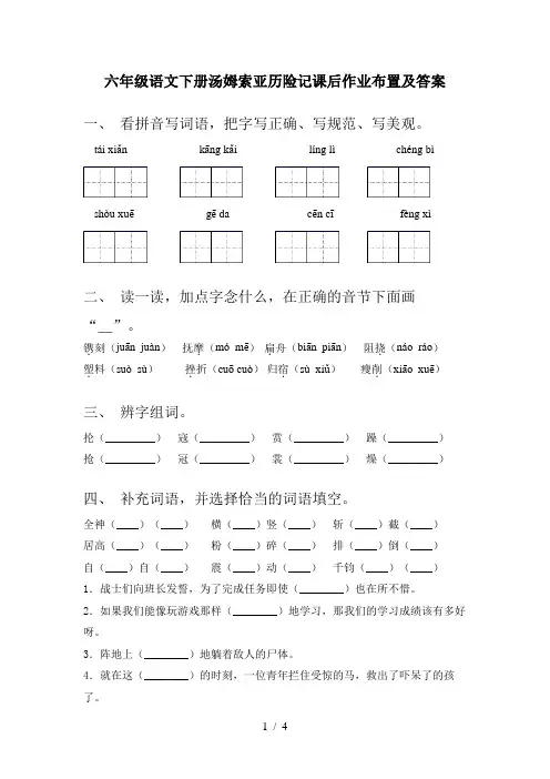 六年级语文下册汤姆索亚历险记课后作业布置及答案