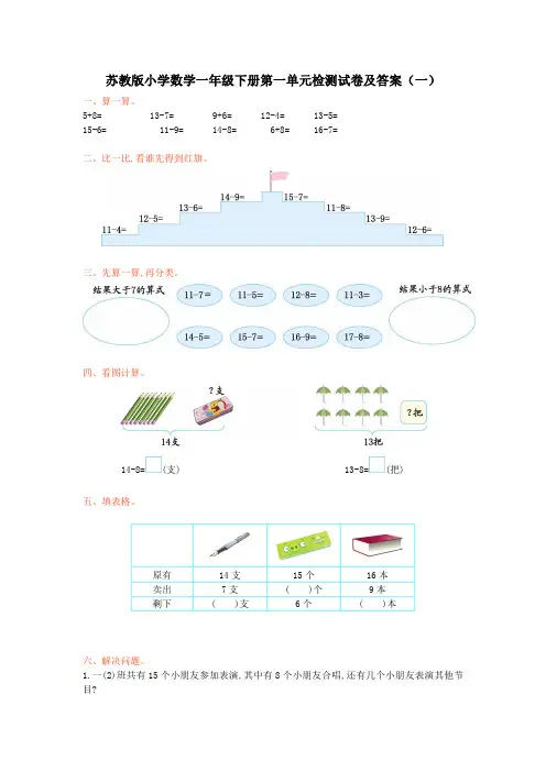 2023苏教版小学数学一年级下册第一单元检测试卷及答案(共5套)