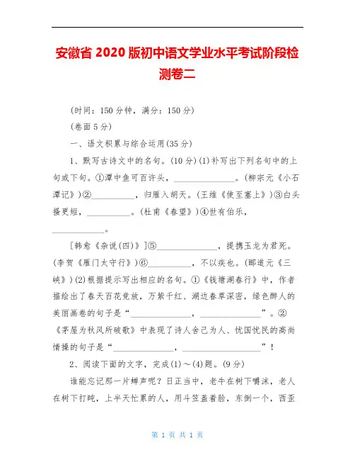 安徽省2020版初中语文学业水平考试阶段检测卷二