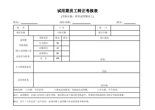 试用期员工转正考核表