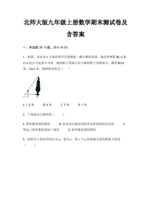 北师大版九年级上册数学期末测试卷及含答案