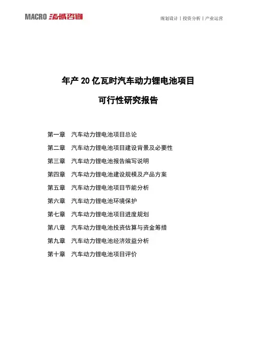 年产20亿瓦时汽车动力锂电池项目可行性研究报告