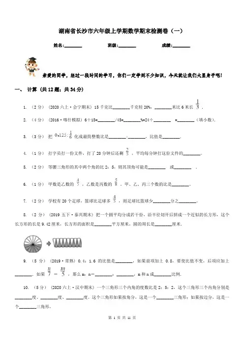 湖南省长沙市六年级上学期数学期末检测卷(一)
