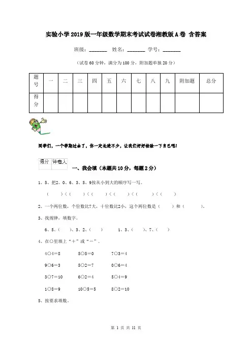 实验小学2019版一年级数学期末考试试卷湘教版A卷 含答案