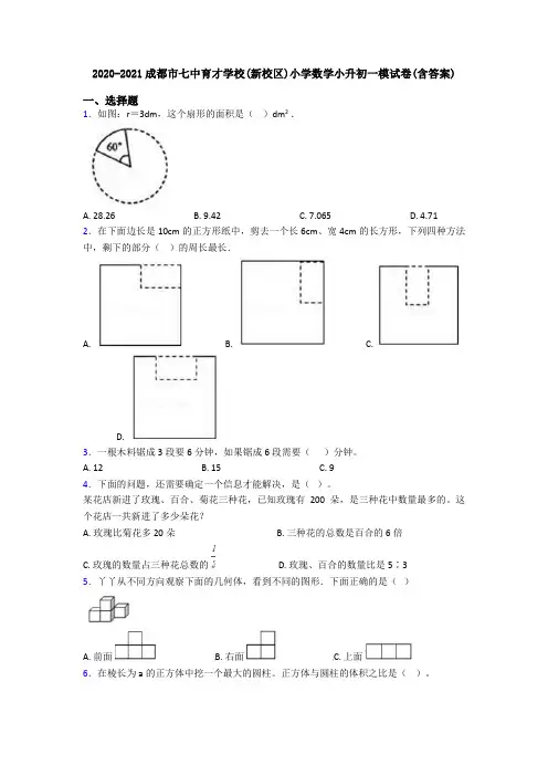 2020-2021成都市七中育才学校(新校区)小学数学小升初一模试卷(含答案)