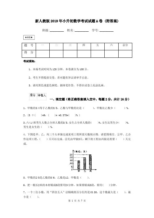 新人教版2019年小升初数学考试试题A卷 (附答案)
