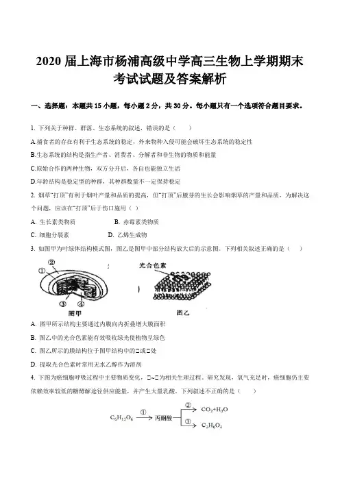 2020届上海市杨浦高级中学高三生物上学期期末考试试题及答案解析