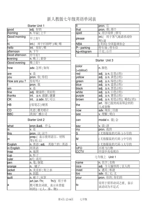 新人教版七年级英语单词表全册