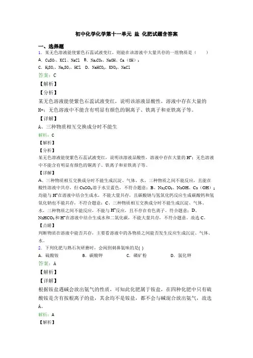 初中化学化学第十一单元 盐 化肥试题含答案