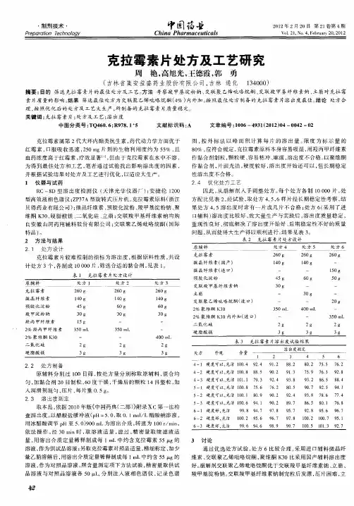 克拉霉素片处方及工艺研究