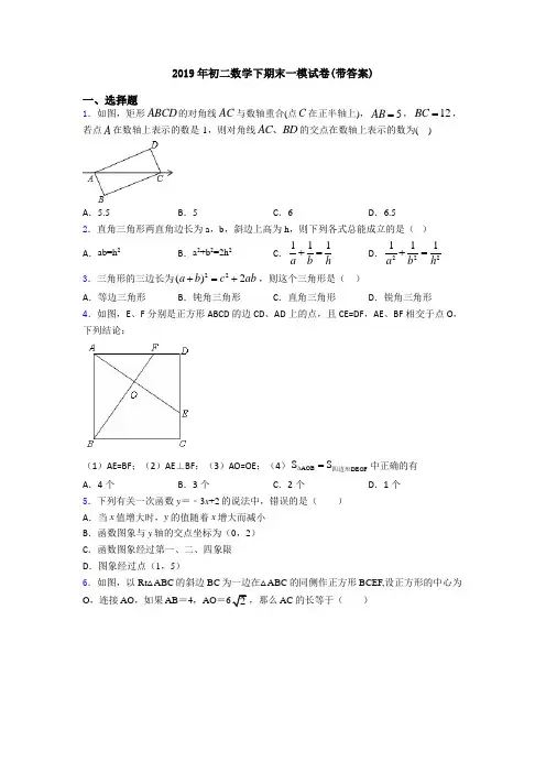 2019年初二数学下期末一模试卷(带答案)
