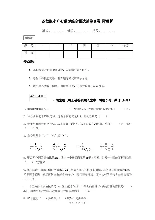 苏教版小升初数学综合测试试卷B卷 附解析
