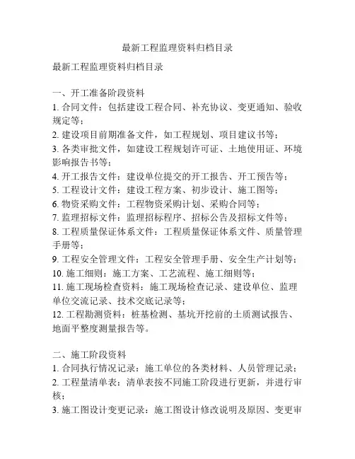 最新工程监理资料归档目录
