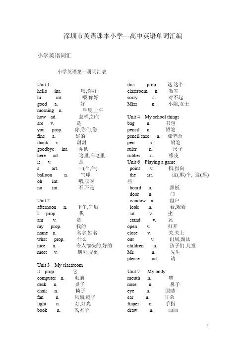 深圳市英语课本小学---高中英语单词汇编
