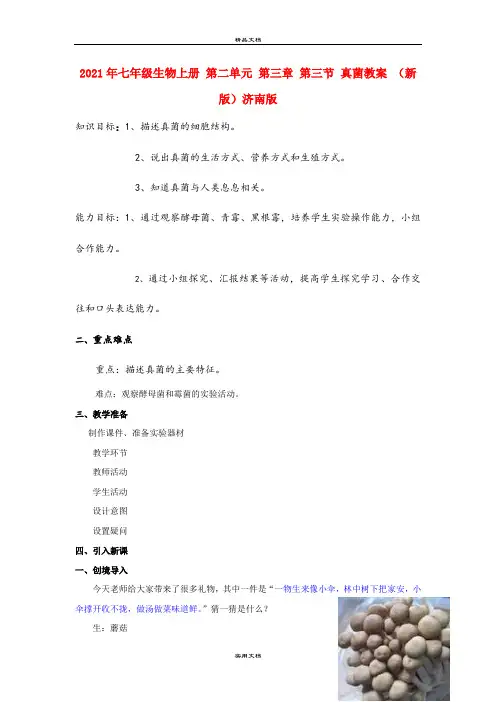 2021年七年级生物上册 第二单元 第三章 第三节 真菌教案 (新版)济南版