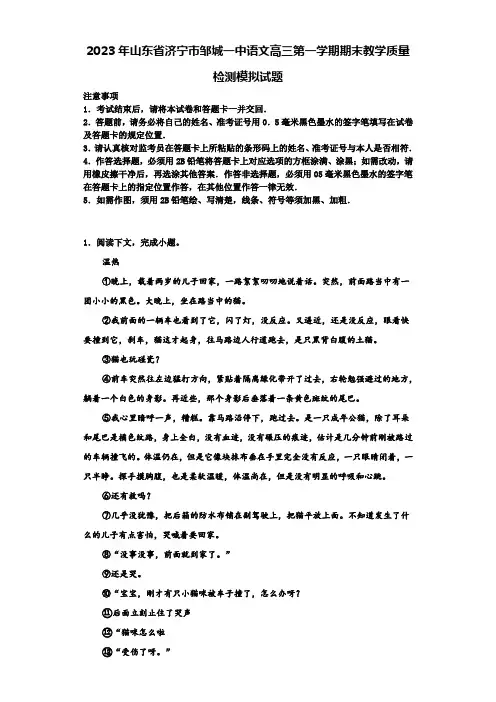 2023年山东省济宁市邹城一中语文高三第一学期期末教学质量检测模拟试题含解析