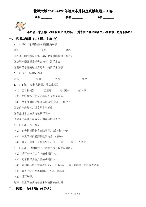 北师大版2021-2022年语文小升初全真模拟题三A卷