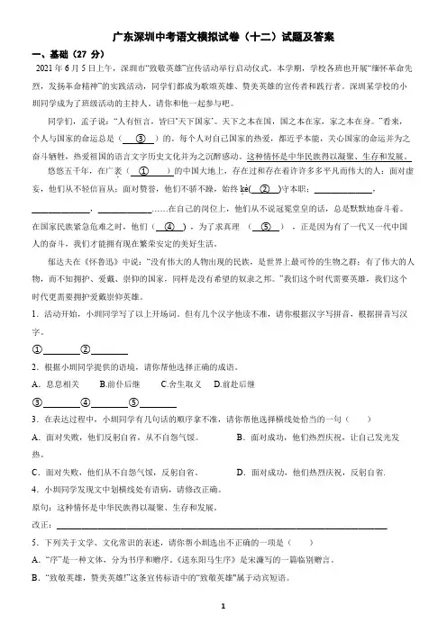 广东深圳中考语文模拟试卷(十二)试题及答案