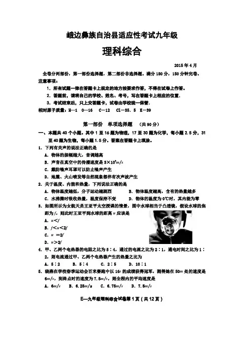 2014-2015年峨边彝族自治县中考适应性考试九年级理综试题及答案