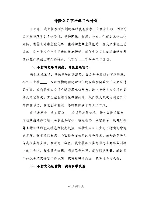 2023年保险公司下半年工作计划(三篇)