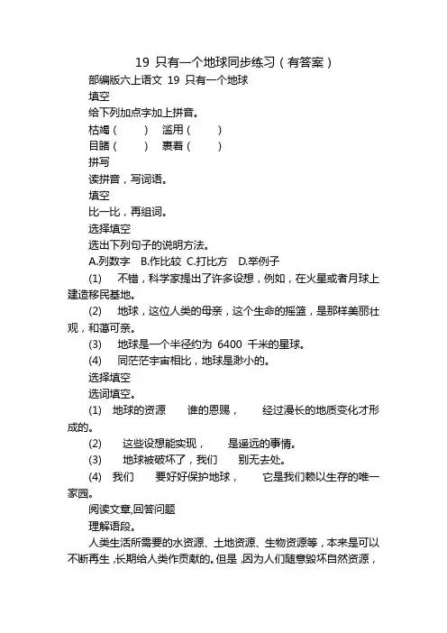 19 只有一个地球同步练习(有答案)
