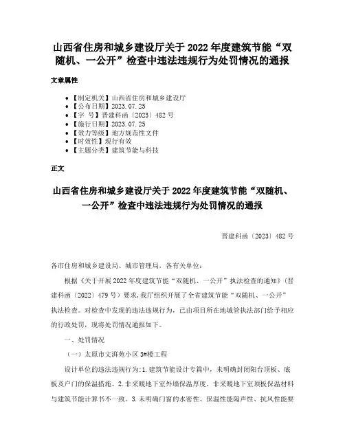 山西省住房和城乡建设厅关于2022年度建筑节能“双随机、一公开”检查中违法违规行为处罚情况的通报