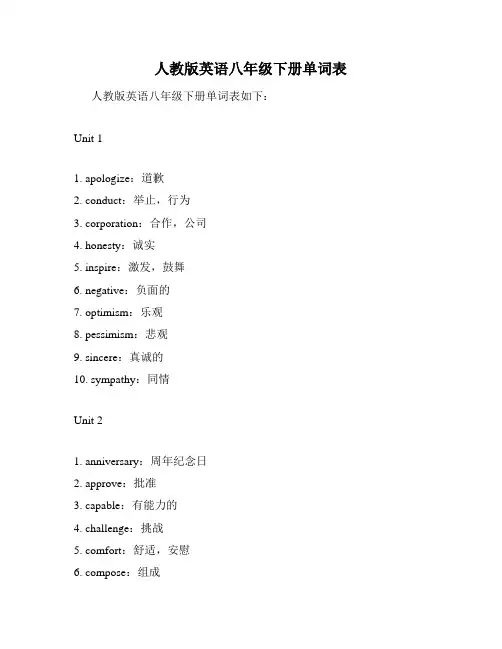 人教版英语八年级下册单词表