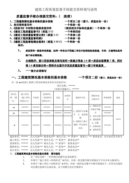建筑工程质量监督手续提交资料填写说明