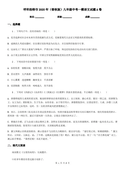 呼和浩特市2020年(春秋版)九年级中考一模语文试题A卷