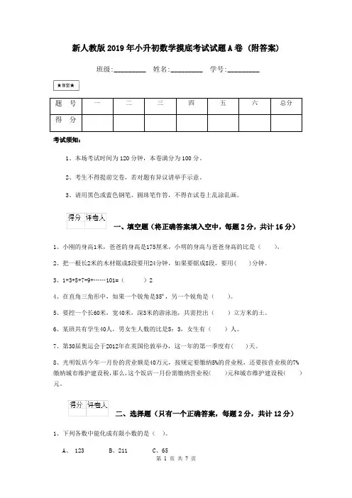 新人教版2019年小升初数学摸底考试试题A卷 (附答案)