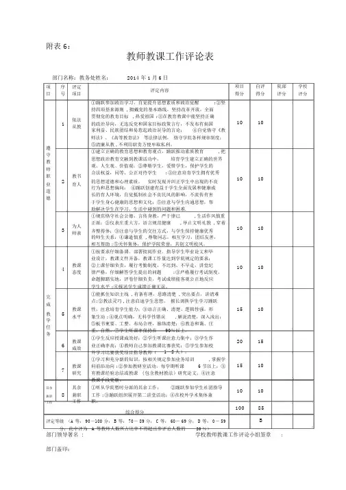 教师教学工作评价表