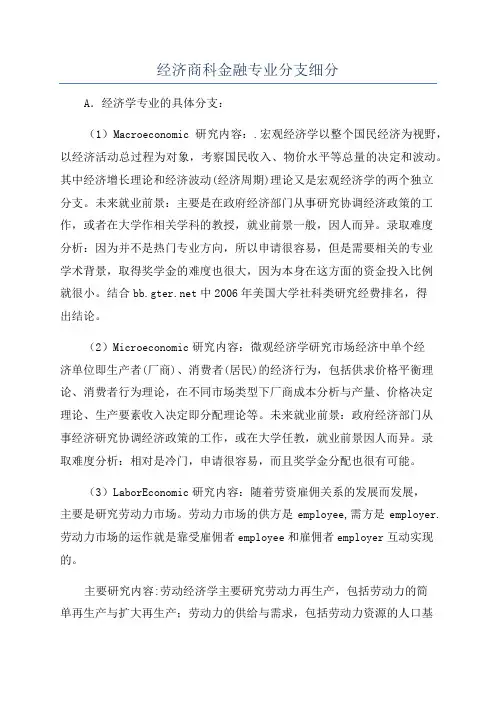 经济商科金融专业分支细分