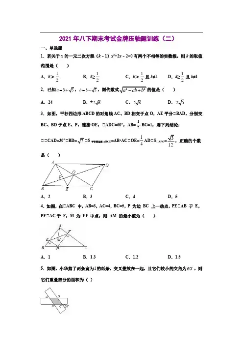 专题11 压轴题训练二-2020-2021学年八年级数学下学期期末考试压轴题专练(浙教版)(原卷版)