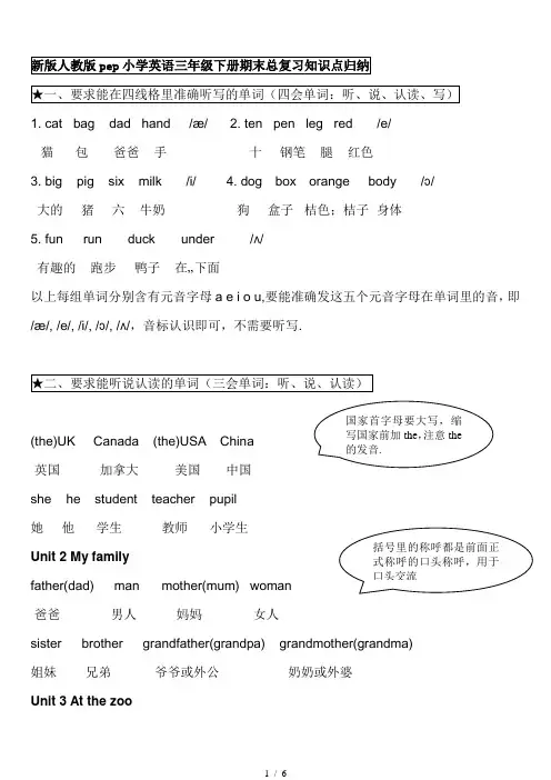 新版人教版pep小学英语三年级下册期末总复习知识点归纳