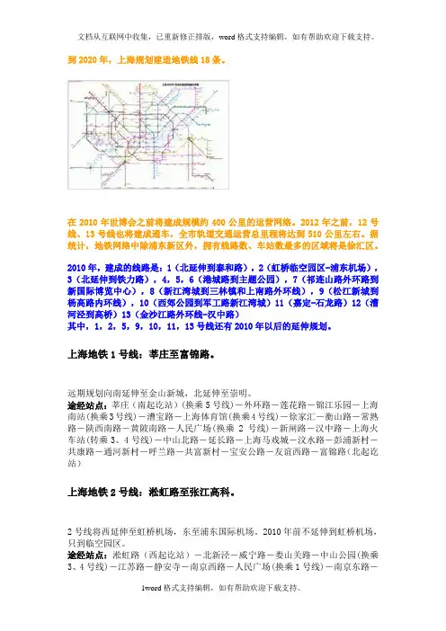 到2020年,上海规划建造地铁线18条