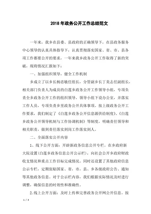 2018年政务公开工作总结范文